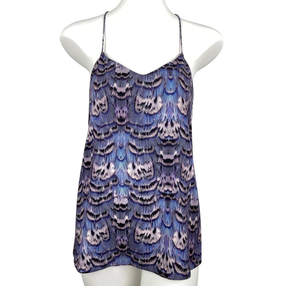 Tibi New York Women's Sz 6 Blue Feather Print Racer Back Halter Tank Top V-Neck